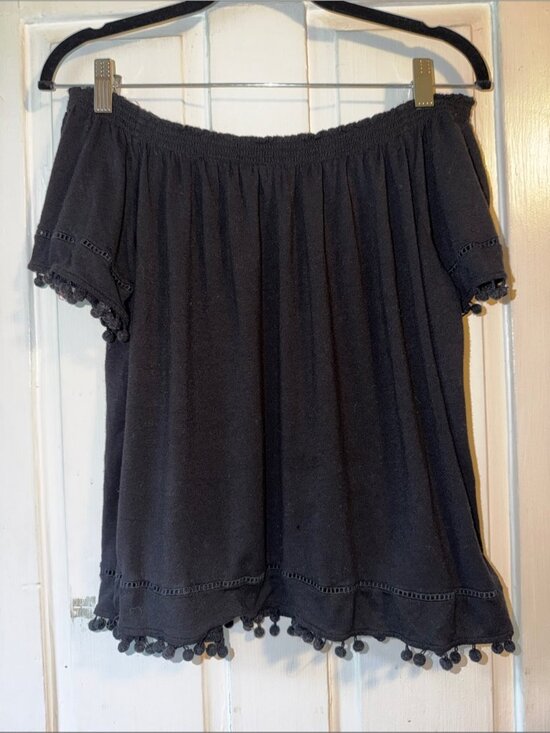 Tops - Black Off-Shoulder Pom Pom Trim Womens Top